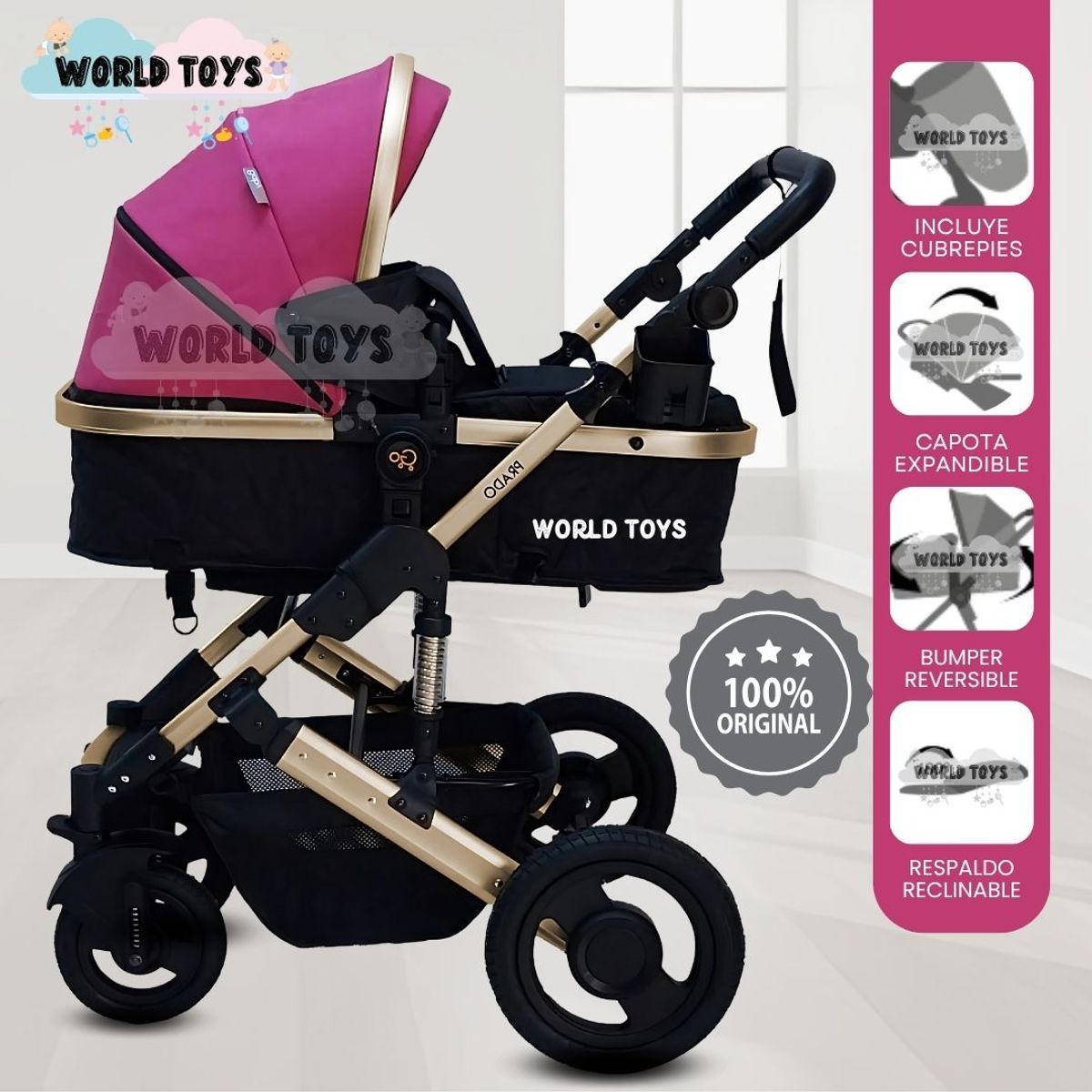 BABY - Coche Cuna Moisés de Lujo «PRADO GOLD» Dark Pink