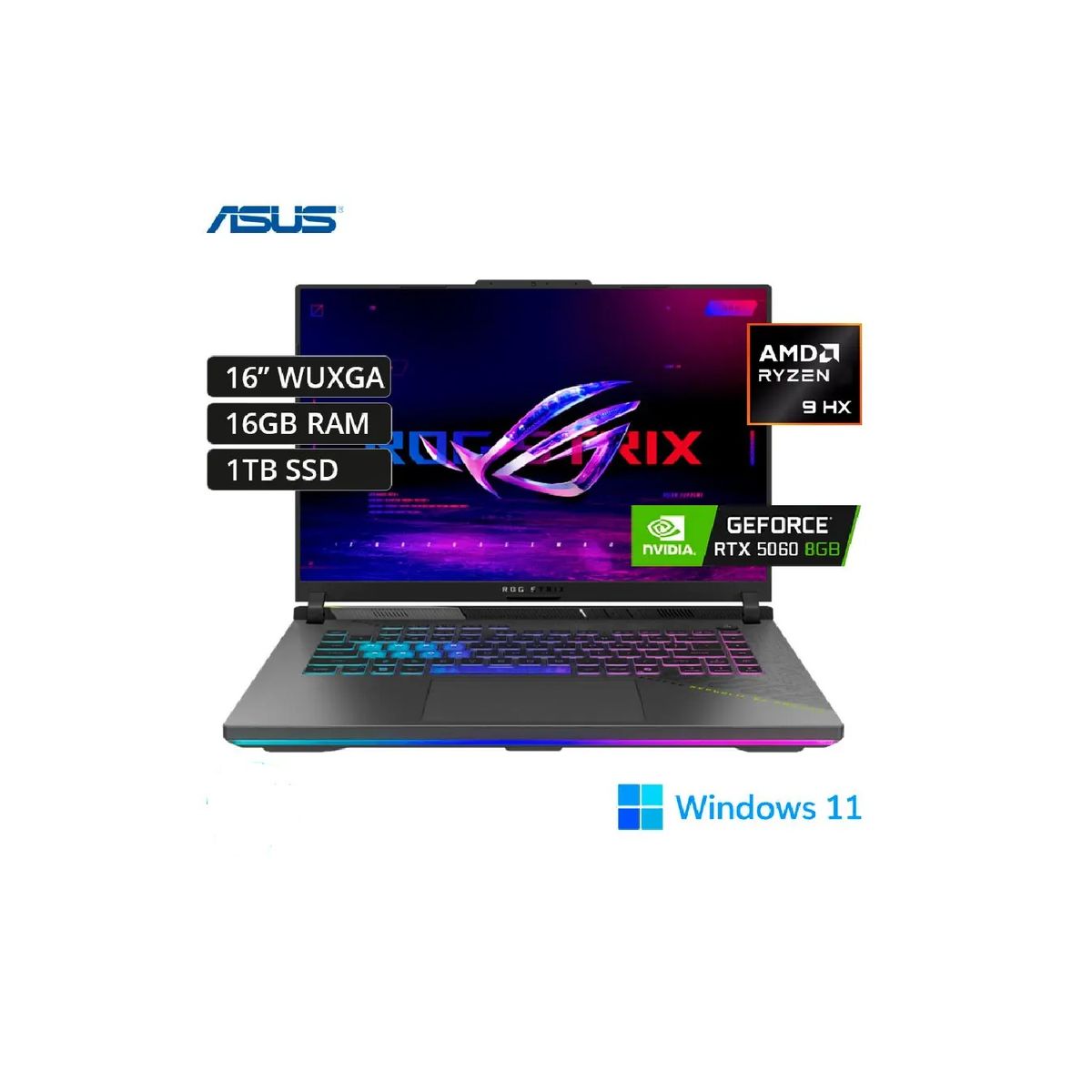 ASUS - Laptop Gamer Asus ROG Strix G16 16" WUXGA AMD Ryzen 9 9955HX 16GB RAM 1TB SSD RTX 5060 8GB Windows 11