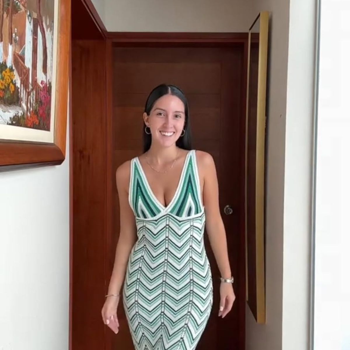 GENERICO - Vestido Largo en Hilo Tacto Suave con Diseño Zigzag y Escote en V