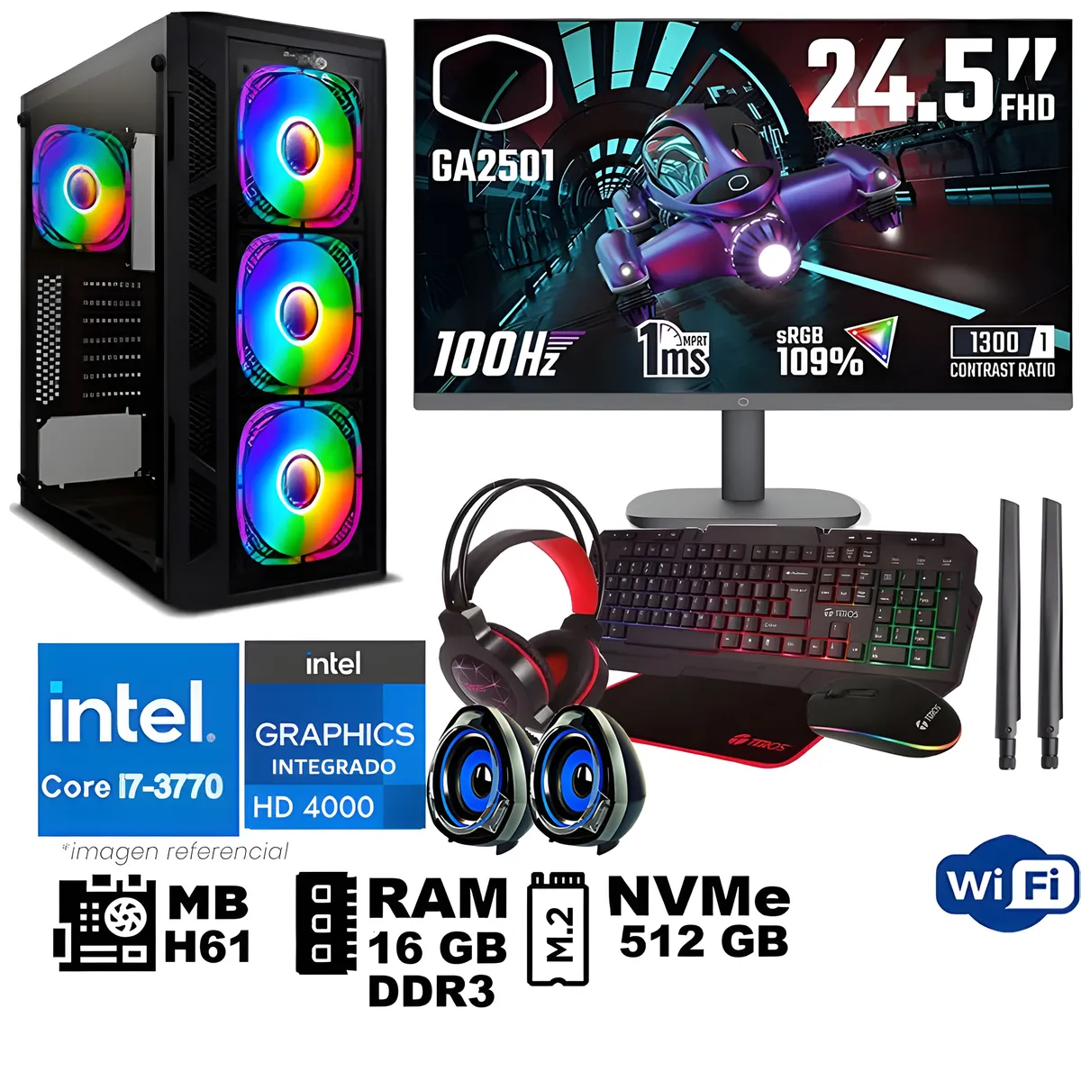 GENERICO - Computadora Pc Intel Core i7 3770 Monitor 25 fhd' RAM 16 GB SSD 500 GB WIFI