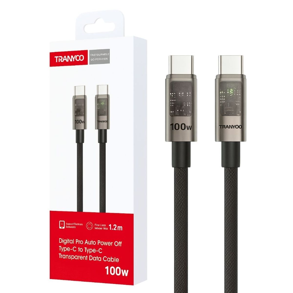TRANYOO - Cable USB-C a USB-C 100W con Autoapagado y LED Transparente 1.2 m