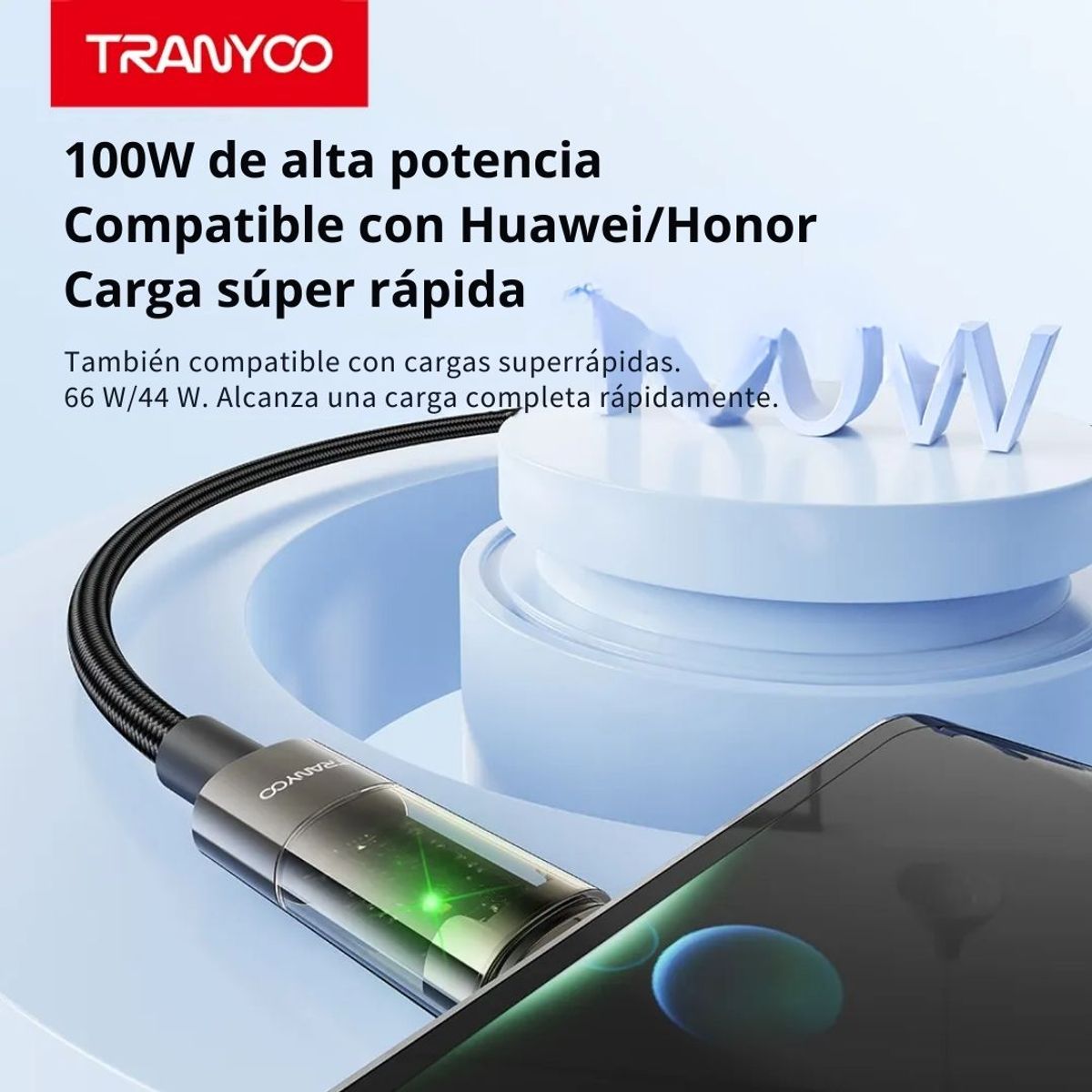 TRANYOO - Cable USB-C a USB-C 100W con Autoapagado y LED Transparente 1.2 m