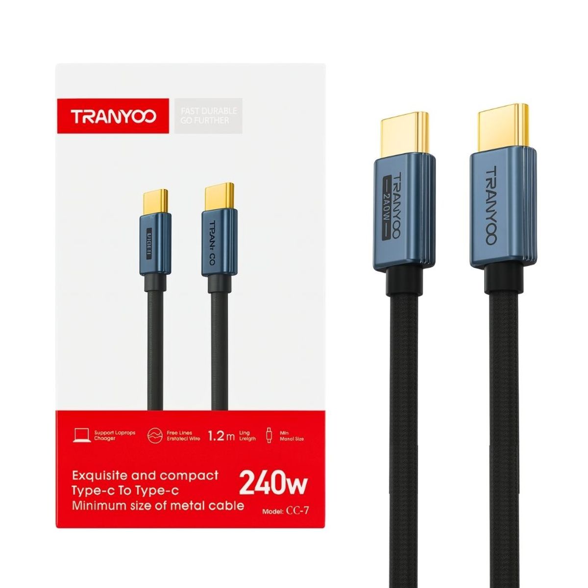 TRANYOO - Cable USB-C a USB-C 240W con Chip E-Marker y Conector Metálico 1.2 m