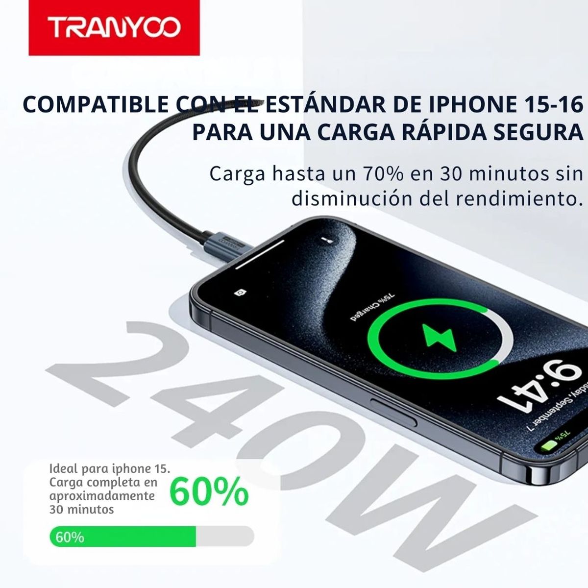 TRANYOO - Cable USB-C a USB-C 240W con Chip E-Marker y Conector Metálico 1.2 m