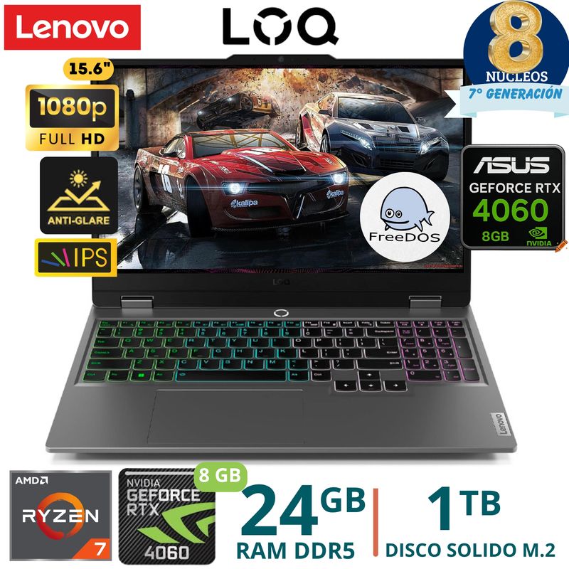LENOVO - Laptop Lenovo LOQ 15ARP9 AMD Ryzen 7 - 7435HS, 15,6" FHD, Ram 24GB, SSD 1TB,RTX 4060, FreeDos