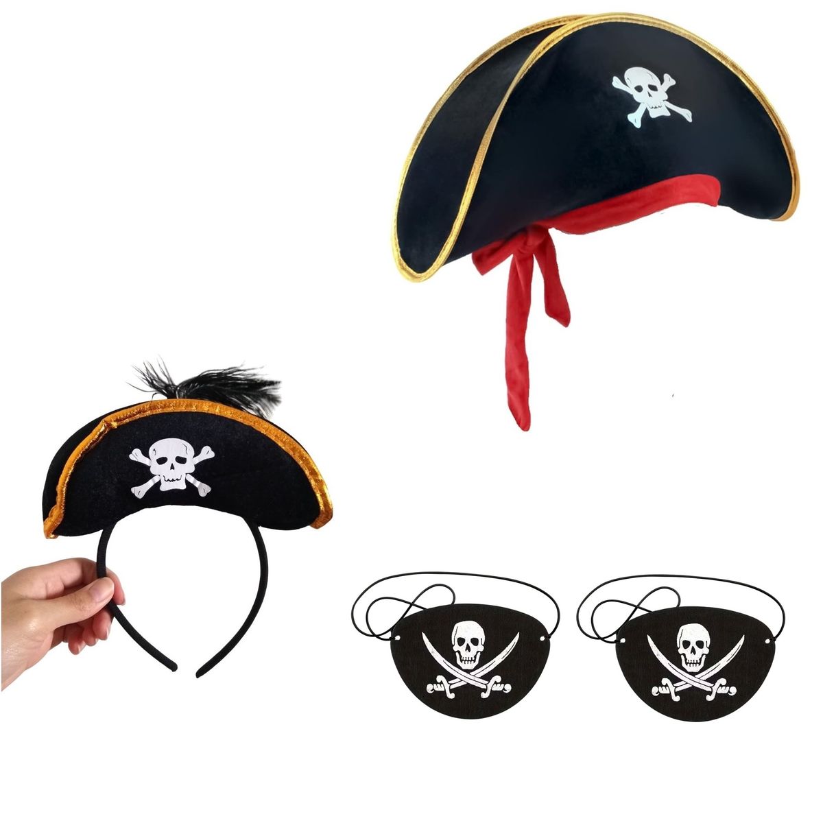 GENERICO - Set gorro, vincha y 2 parches pirata disfraz Halloween