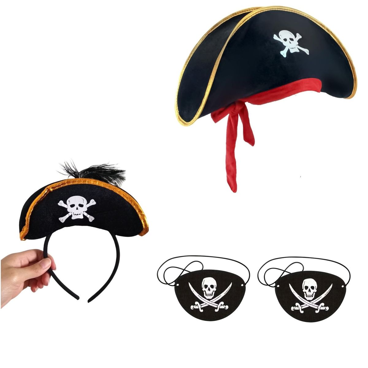 GENERICO - Set gorro, vincha y 2 parches pirata disfraz Halloween