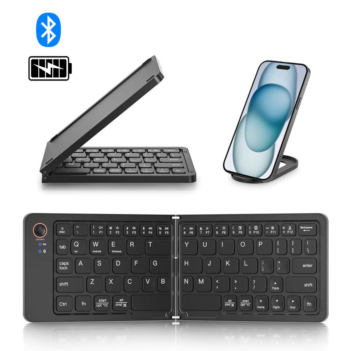 OEM - Kit teclado inalámbrico plegable B023 y soporte para celular - Negro