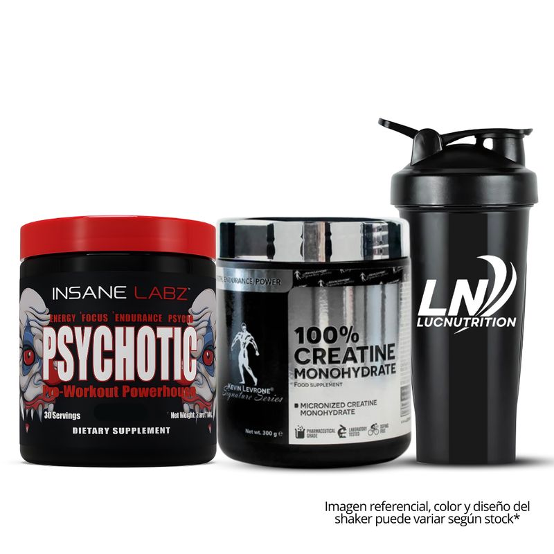 KEVIN LEVRONE - Creatina Kevin Levrone 300 G - 120 servicios + Psychotic Rojo 30 Serv Grape + Shaker