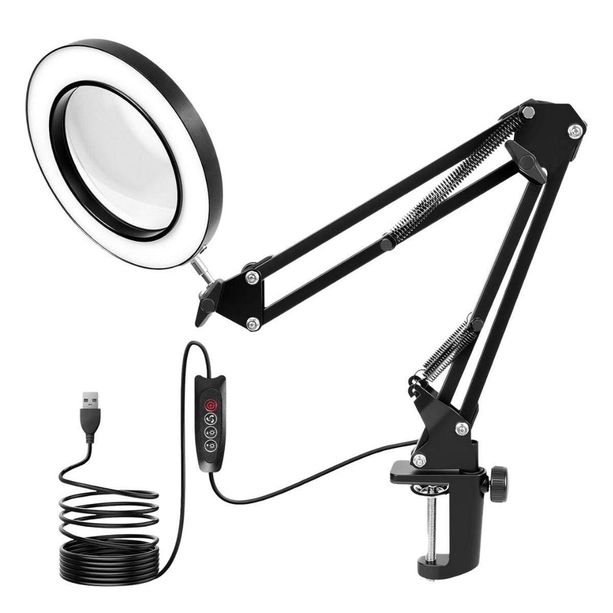 SEISA - Lámpara Lupa LED 10X con Brazo Articulado, 10 Niveles y 3 Colores USB