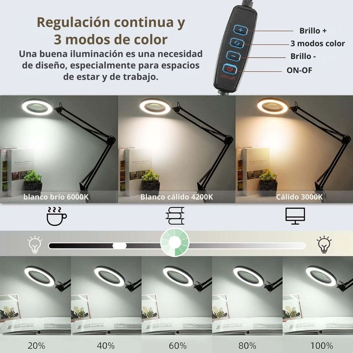 SEISA - Lámpara Lupa LED 10X con Brazo Articulado, 10 Niveles y 3 Colores USB