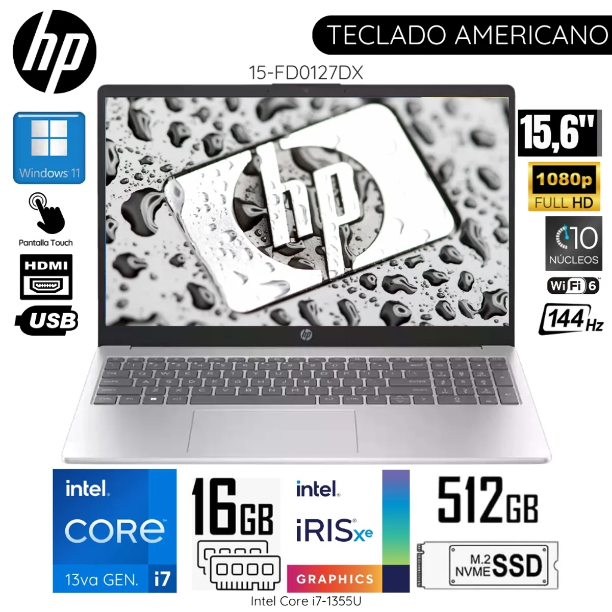Laptop HP 15-FD0127DX Intel Core i7-1355U 16GB RAM 512GB SSD 15.6"  FHD 144HZ Touch Screen, marca HP - Foto Principal