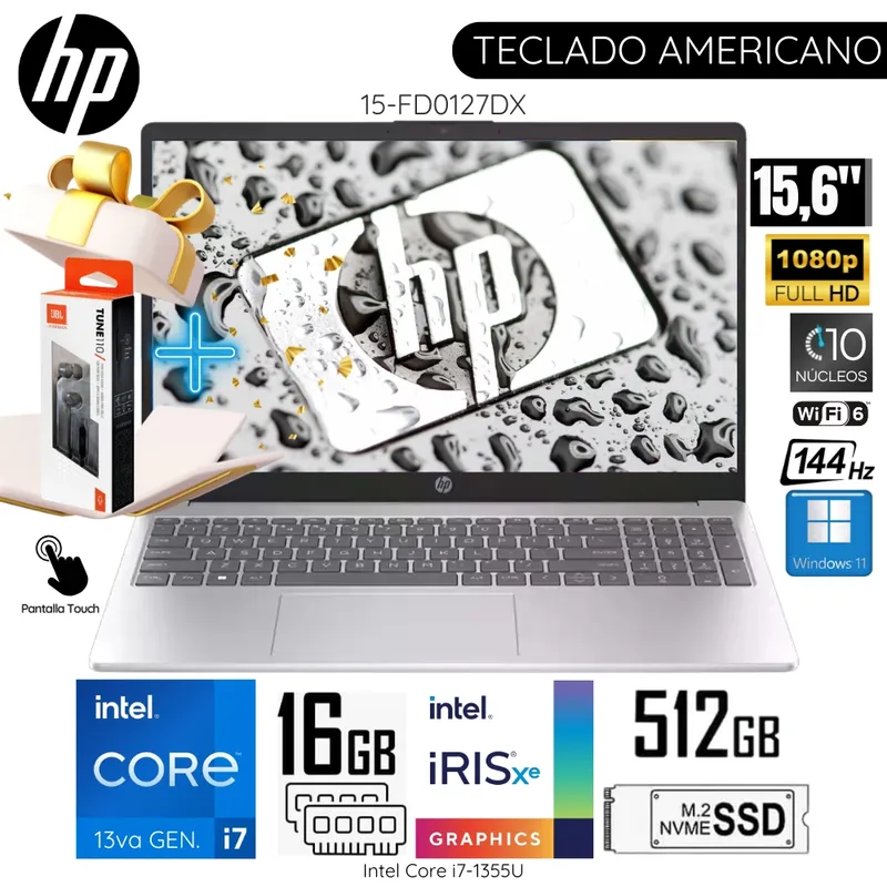 HP - Laptop HP 15-FD0127DX Intel Core i7-1355U 16GB RAM 512GB SSD 15.6"  FHD 144HZ Touch Screen +Audifonos