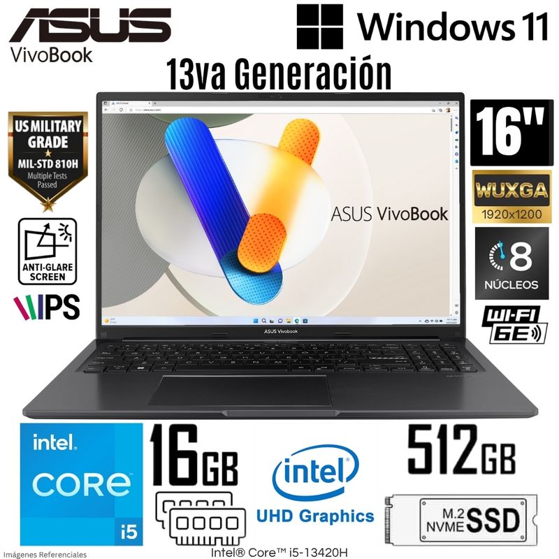 ASUS - Laptop Asus Vivobook X1605VA-MB1350 Intel Core i5-13420H 16GB RAM 512GB SSD 16"  WUXGA - Indie Black