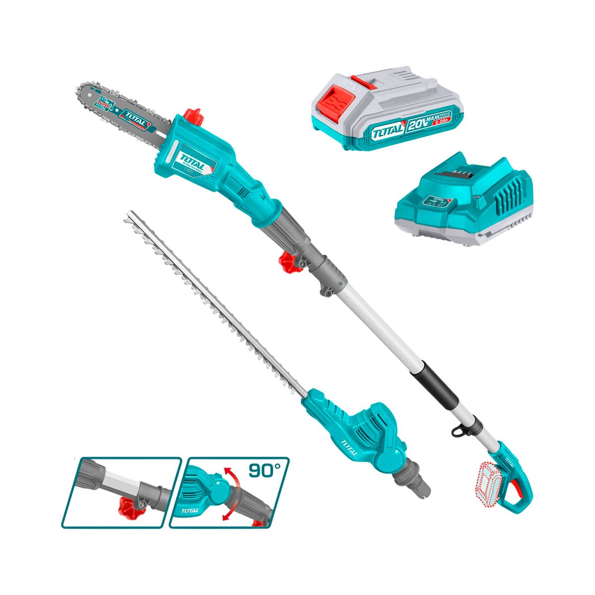 TOTAL TOOLS - Combo Cortasetos + Sierra Extendible + 1bat 20ah + Cargador