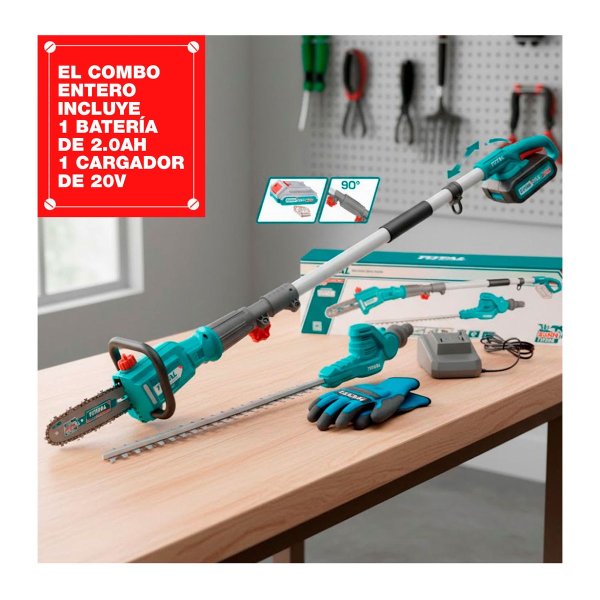 TOTAL TOOLS - Combo Cortasetos + Sierra Extendible + 1bat 20ah + Cargador
