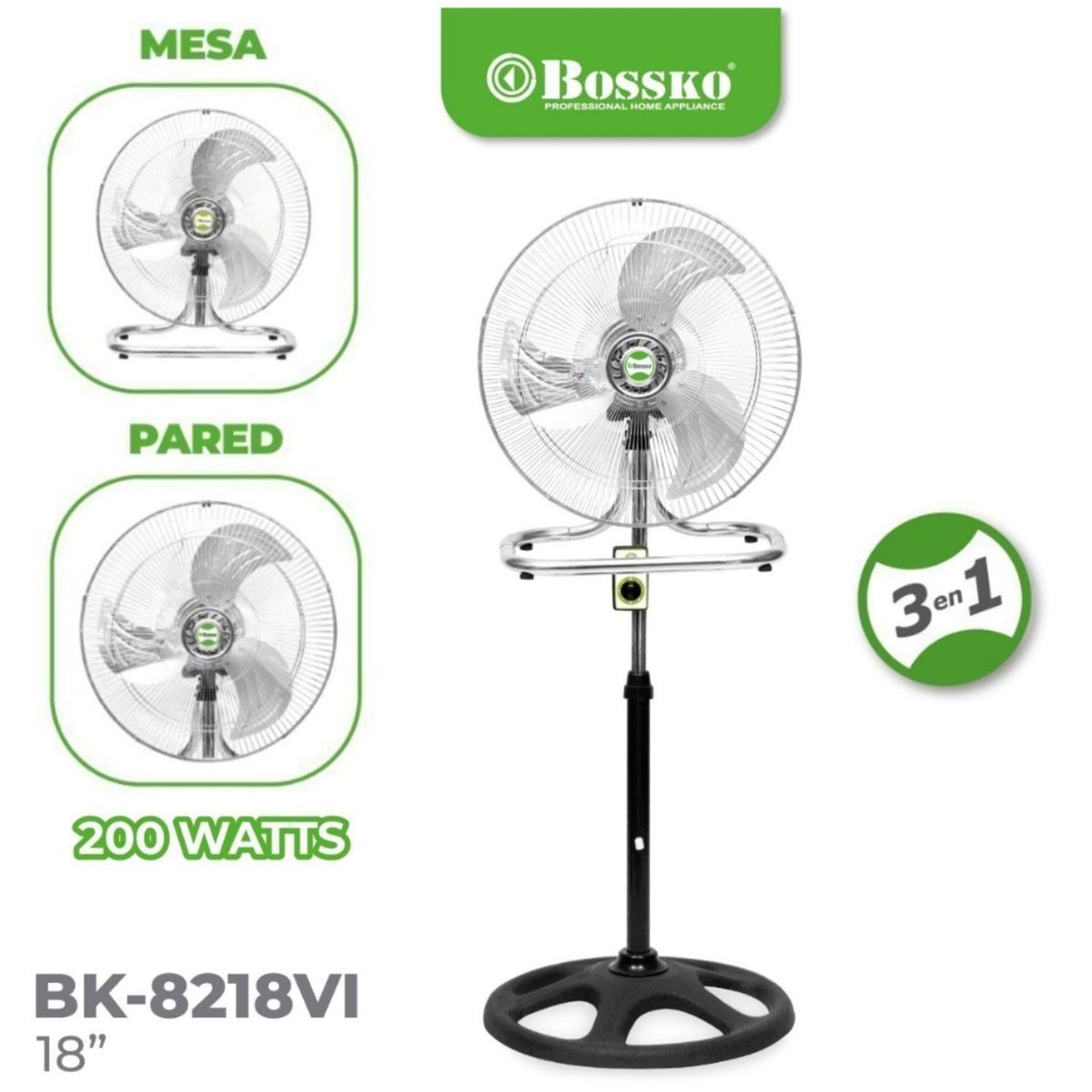 BOSSKO - Ventilador Bossko BK 8218VI Malla Plateado 200 Watts 3 en 1
