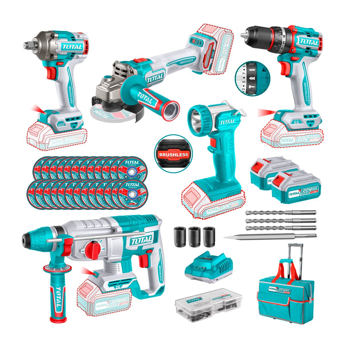 TOTAL TOOLS - Combo 5 Piezas Con 2 Bat. 4.0ah/1 Cargador +accesorios Total