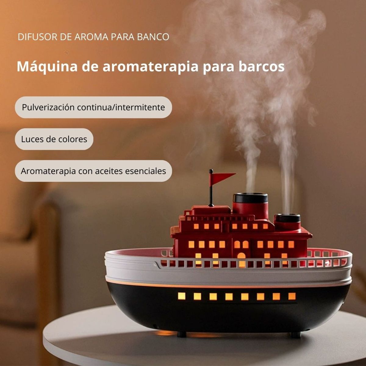 GENERICO - Difusor de Aroma Ultrasónico Barco 300ml con Luces LED y Temporizador