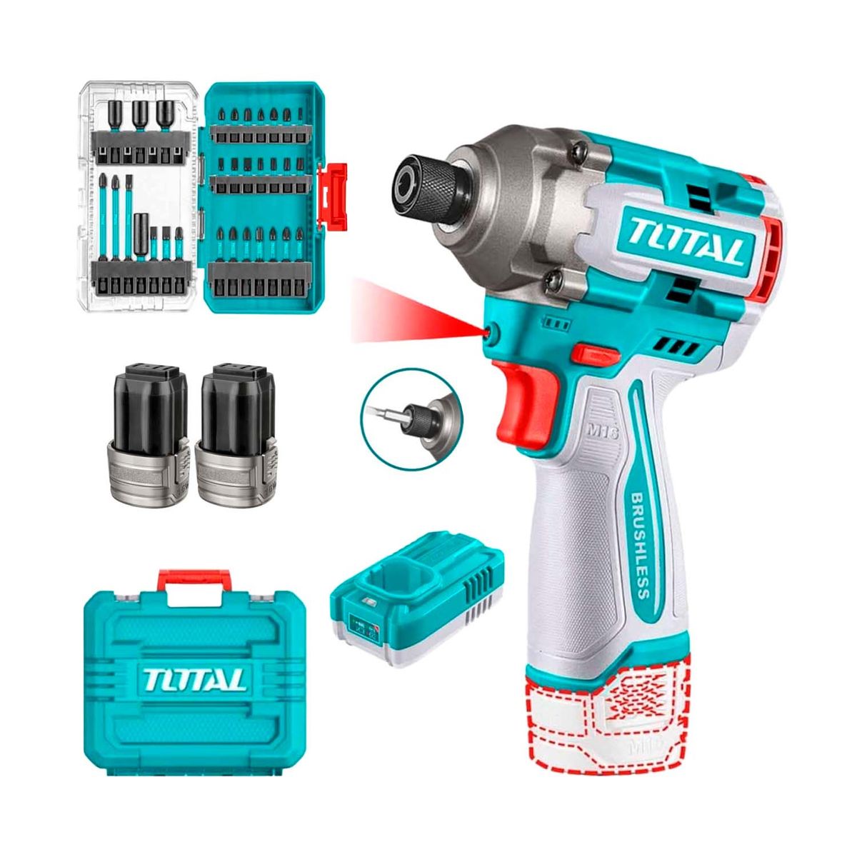 TOTAL TOOLS - Atornillador De Impacto 16v + Punteras De Impacto + 2 Bat Bl