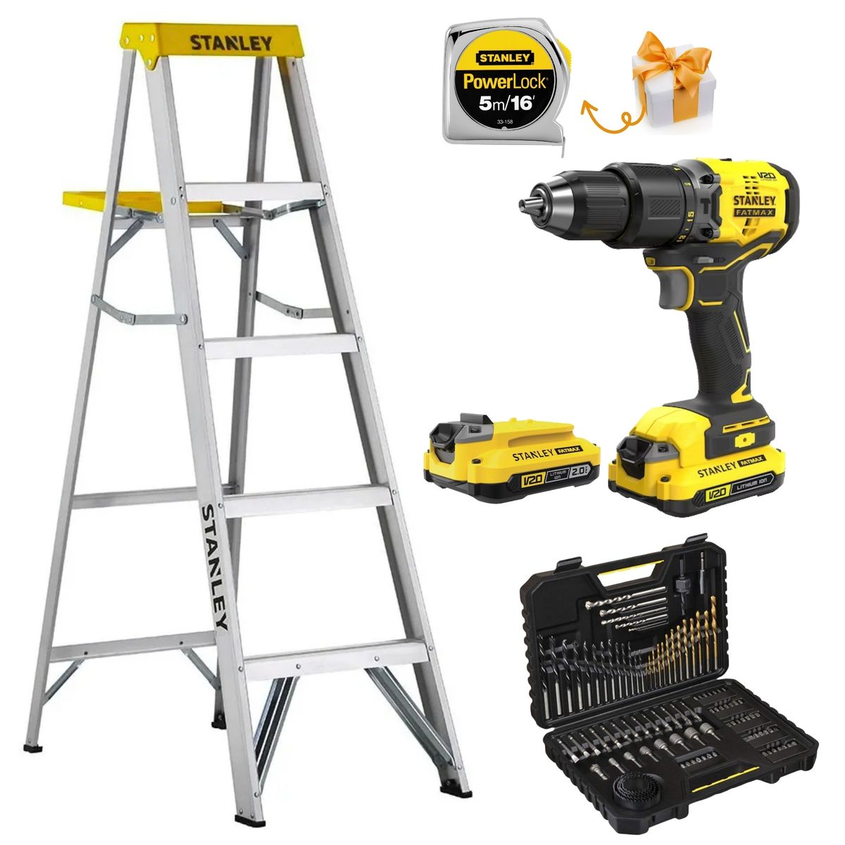 STANLEY - ESCALERA 4 PELDAÑOS, TALADRO PERCUTOR INALAMBRICO, BROCAS 100 Pzas