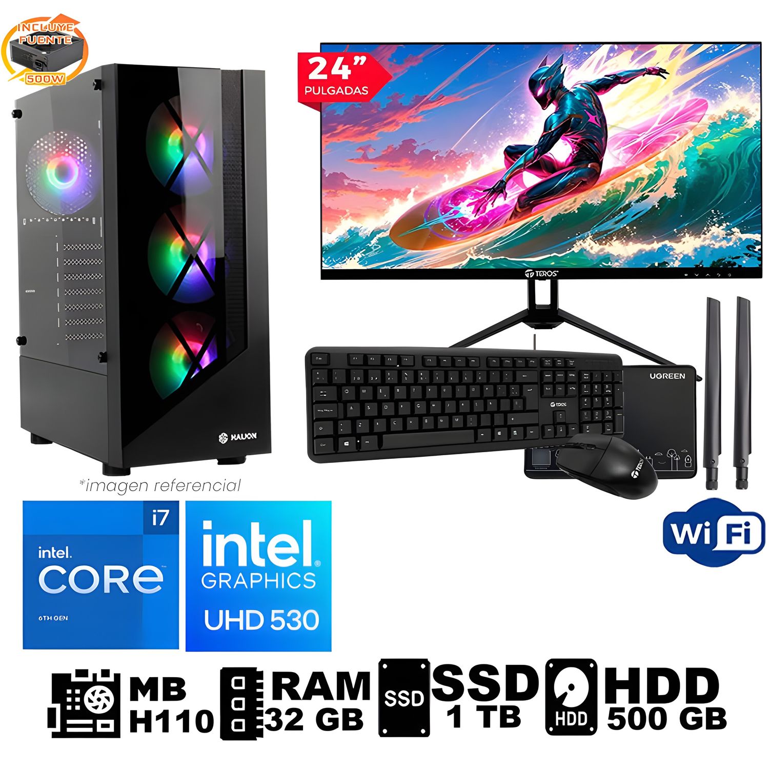 Computadora PC Intel Core™ i7 16GB Ram DDR4 SSD 1TB +HDD 500 GB Led 23.8 WIFI
