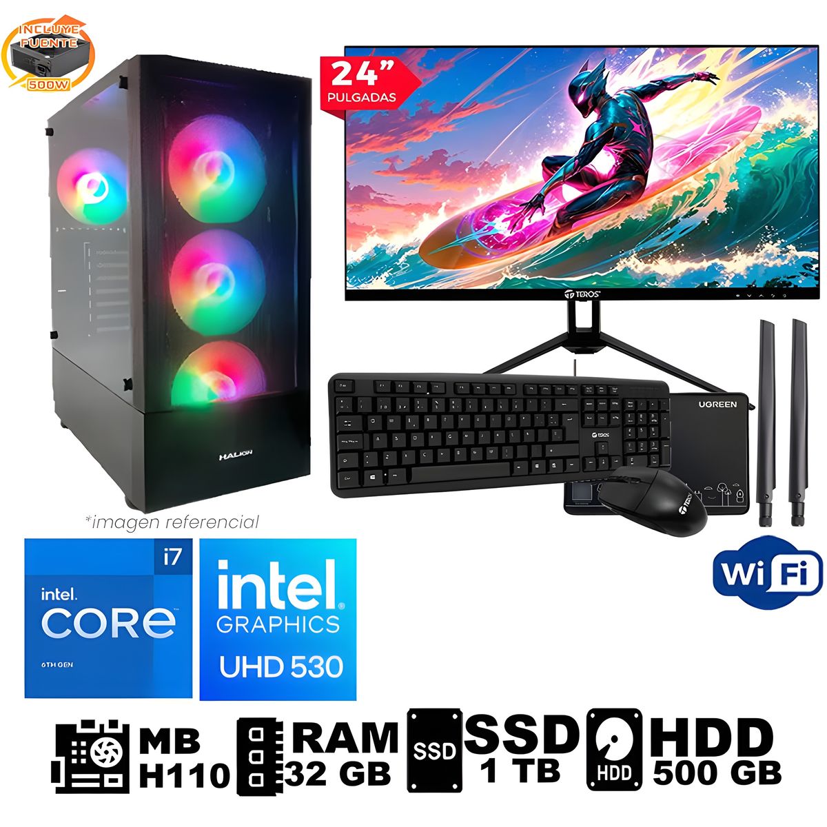 GENERICO - Computadora PC Intel Core™ i7 16GB Ram DDR4 SSD 1TB +HDD 500 GB Led 23.8 WIFI