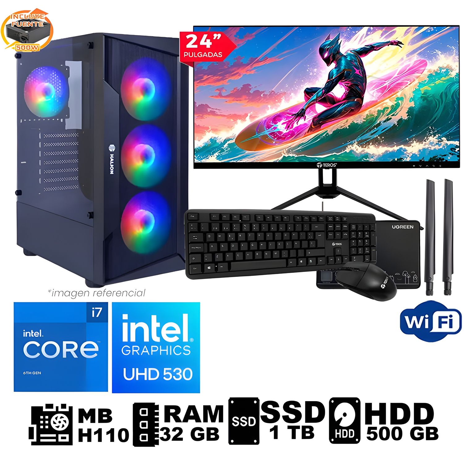 Computadora PC Intel Core™ i7 16GB Ram DDR4 SSD 1TB +HDD 500 GB Led 23.8 WIFI