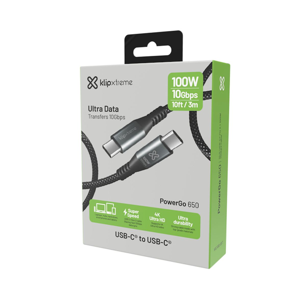 KLIP XTREME - Cable Usb-C Klip Xtreme De 3 M, 100W Y 10Gbps, Trenzado En Negro - Carga Rápida Y Transfer