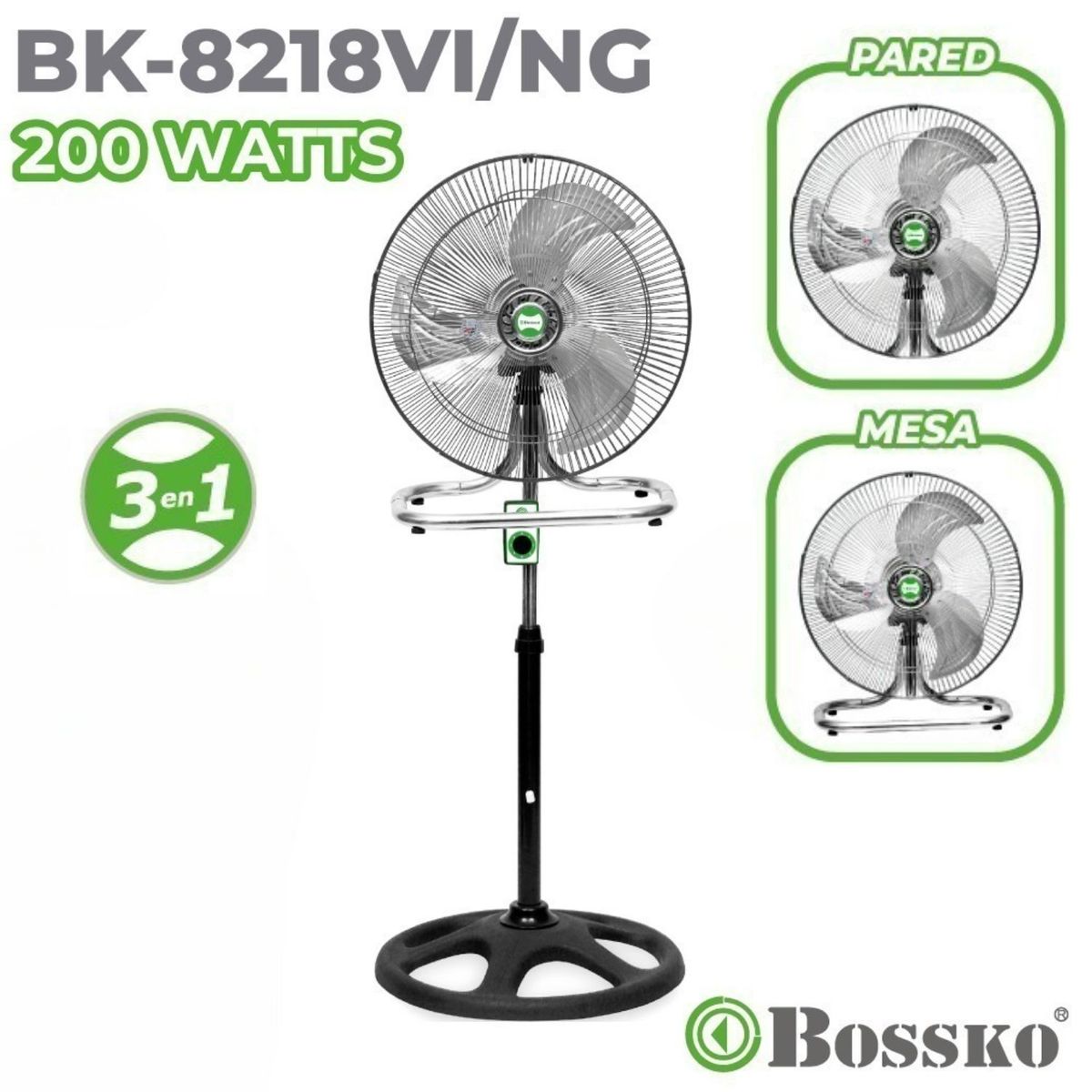 BOSSKO - Ventilador Bossko BK 8218VI Malla Negro 200 Watts, 3 en 1