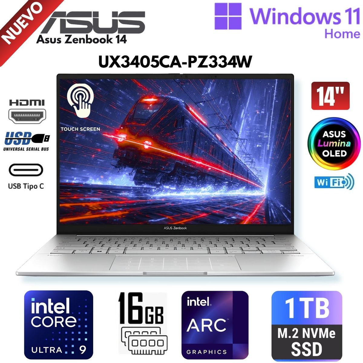 ASUS - Laptop ASUS Zenbook 14 UX3405CA-PZ334W 14" OLED Touch, Core Ultra 9-285H, Ram 16GB, SSD 1TB, Win 11
