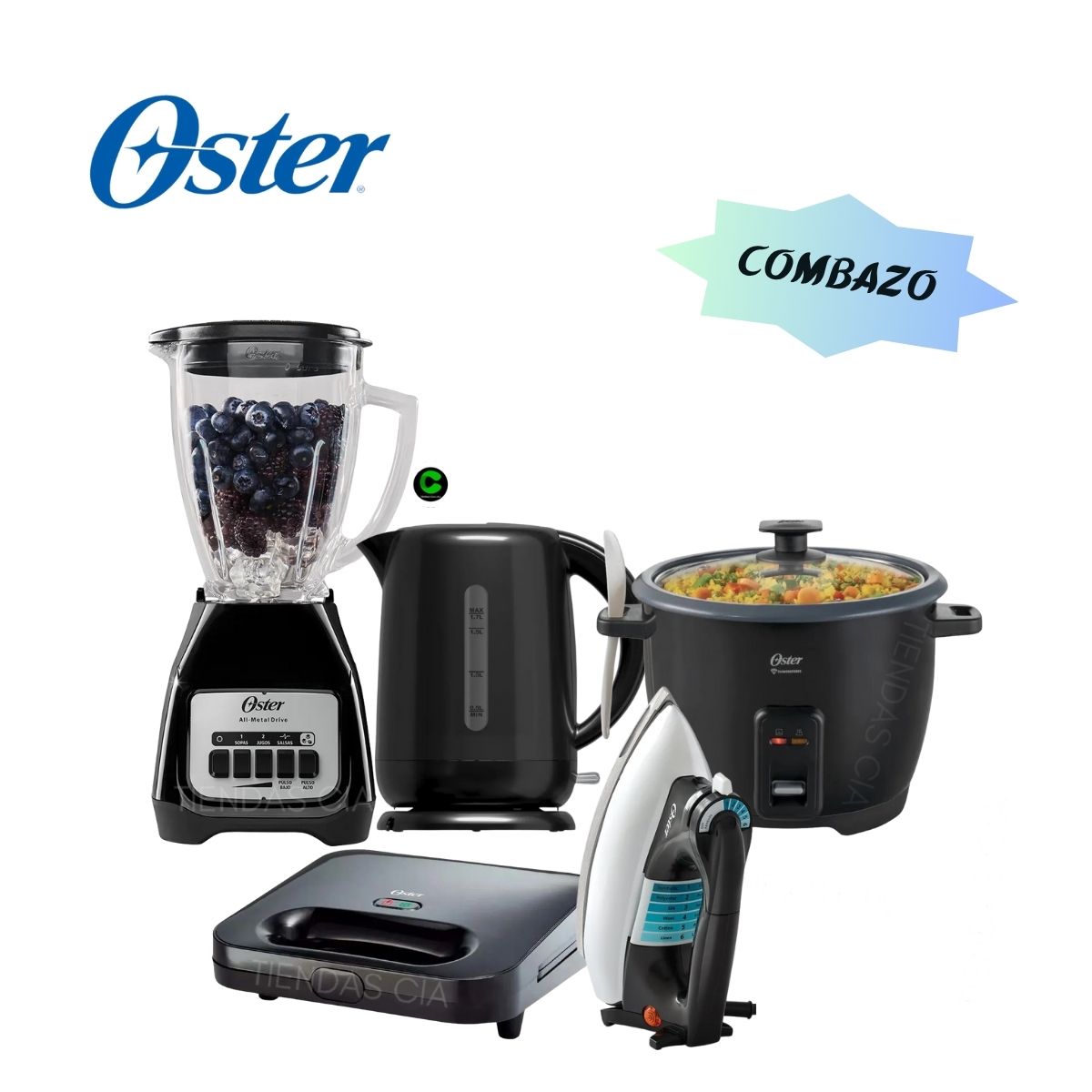 OSTER - Combo OSTER 5 en 1 Licuadora + Hervidor + Olla Arrocera + Sandwichera Y Plancha