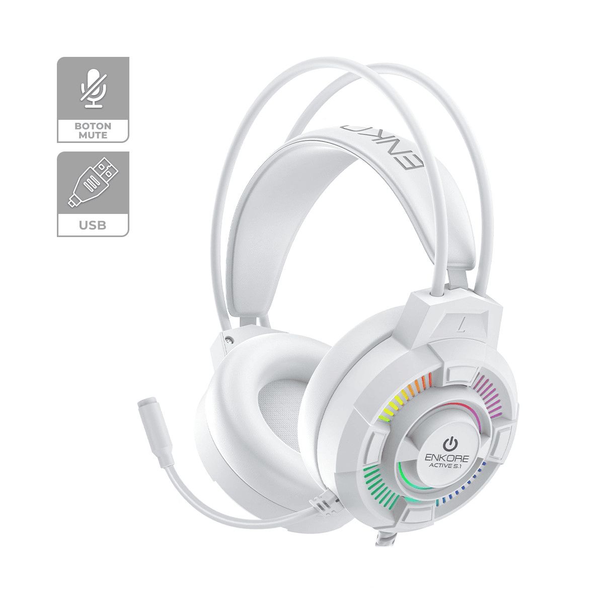 ENKORE - Auricular Gamer Alámbrico Rainbow 5.1 Blanco Enkore Active EKHG1004UW