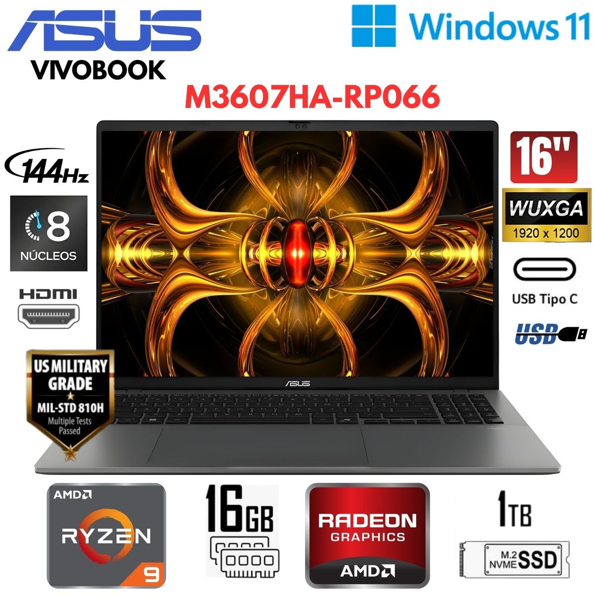 ASUS - Laptop Asus Vivobook S16 AMD Ryzen 9 270 16GB DDR5 RAM 1TB SSD 16" WUXGA Win 11 M3607HA-RP066