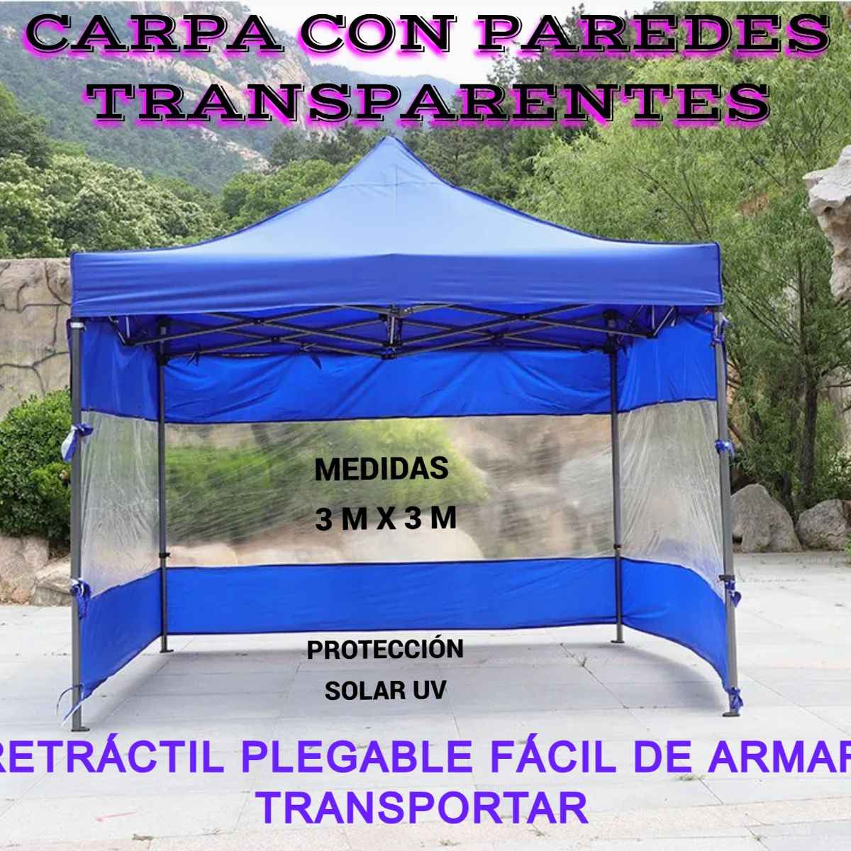 GENERICO - CARPA TOLDO PLEGABLE RETRÁCTIL PAREDES TRANSPARENTE Y PROTECCIÓN SOLAR