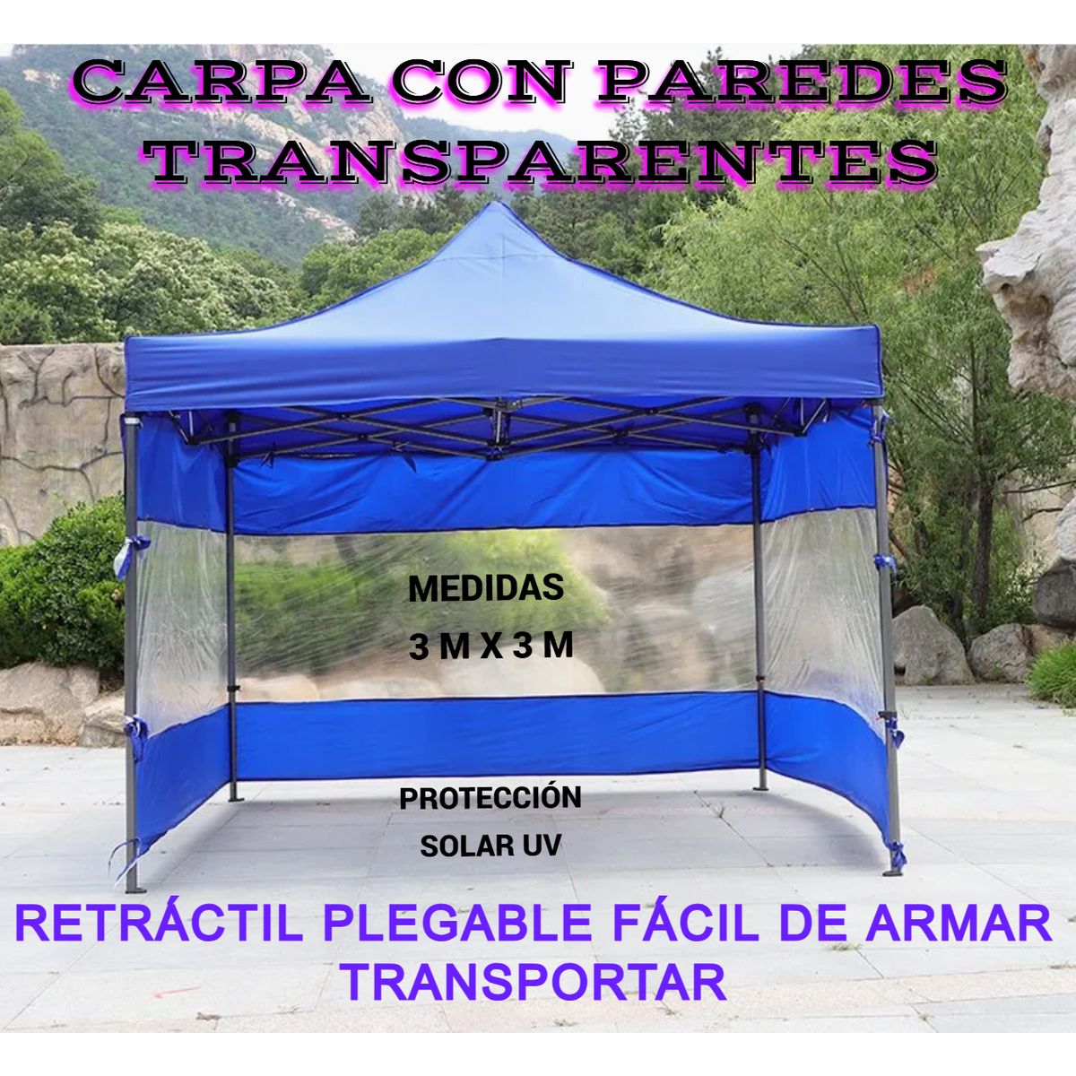 GENERICO - CARPA TOLDO PLEGABLE RETRÁCTIL PAREDES TRANSPARENTE Y PROTECCIÓN SOLAR