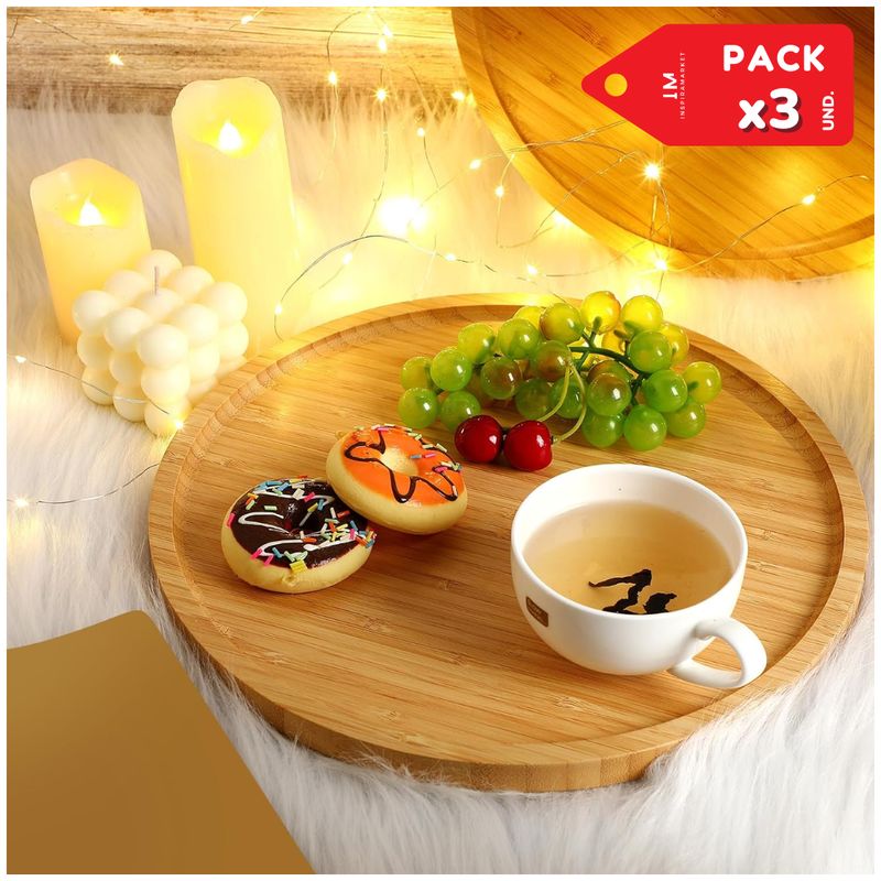 INSPIRA MARKET - Bandeja para Alimentos Decorativa Bambu Redondo Pack x3