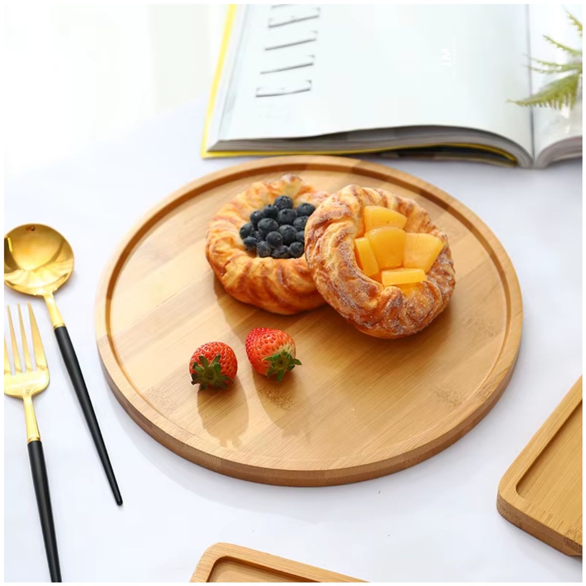 INSPIRA MARKET - Bandeja para Alimentos Decorativa Bambu Redondo Pack x3