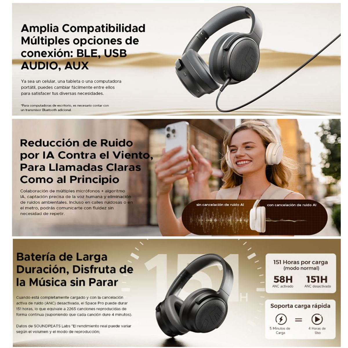 SOUNDPEATS - Audifonos SoundPEATS Space Pro Hi-Res LDAC ANC Hibrido AI ENC