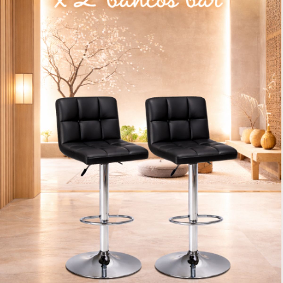 GENERICO - 2 SILLAS BANCO BAR OFICINA GIRATORIO PU NEGRO