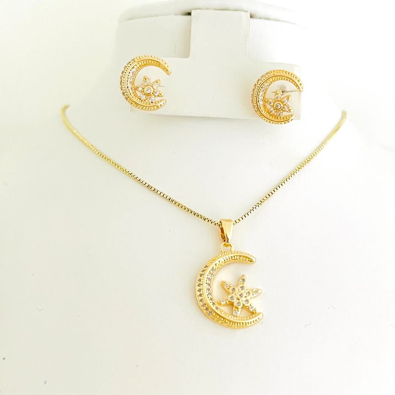 GENERICO - Set Collar y Aretes de Acero Dije Luna y Estrella