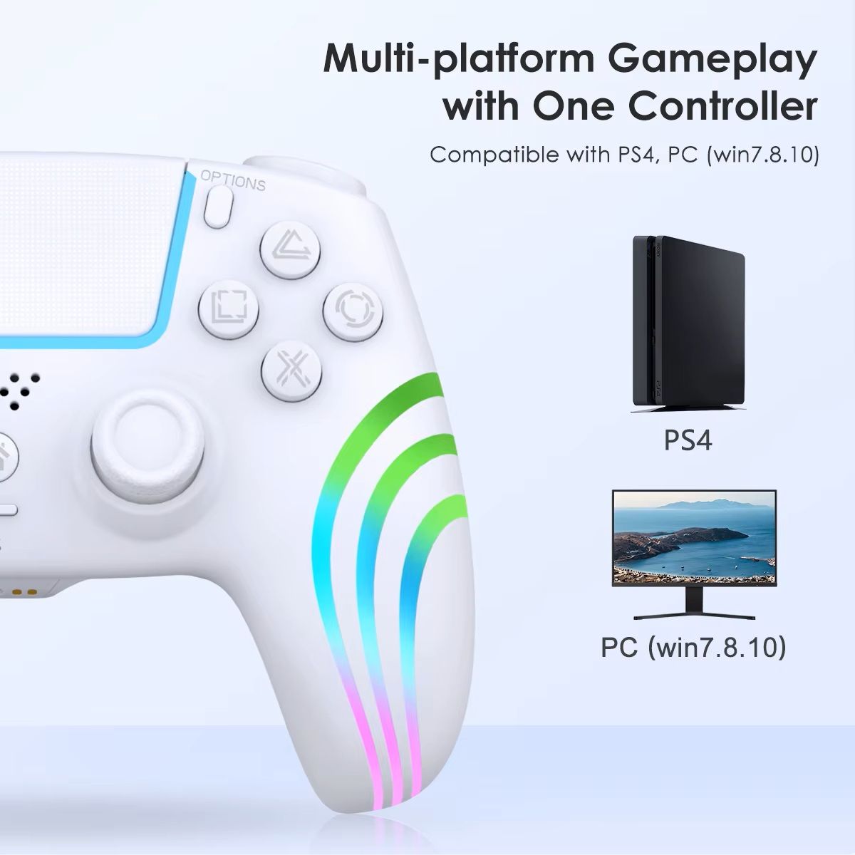 SEISA - Mando Inalambrico Seisa Ps4 Android y Pc Bluetooth Blanco RGB