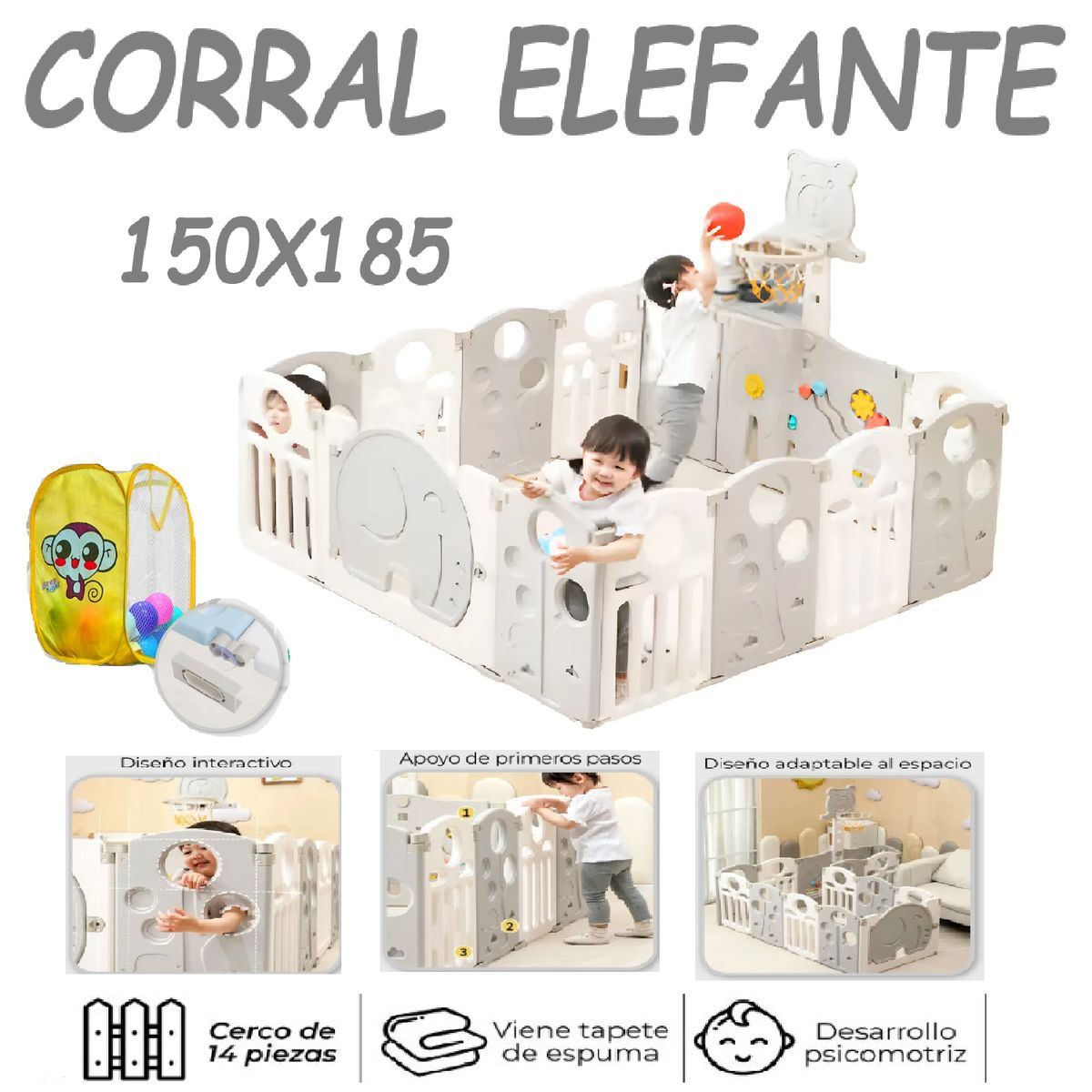 Cerco Desmontable Con Cesto Elefante 150x185 -Gris, marca GENERICO - Foto Principal