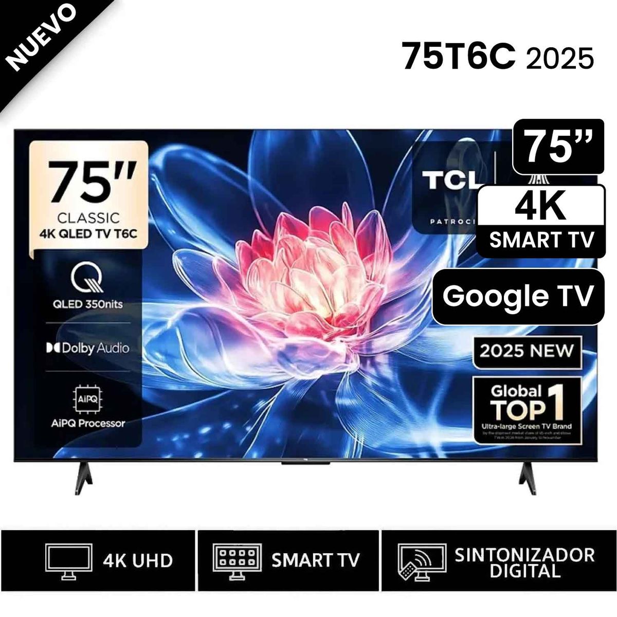 TCL - Televisor TCL QLED 75 pulgadas Smart TV 75T6C 4K Google TV 2025