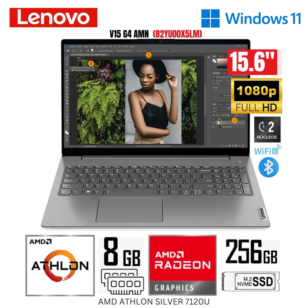 LENOVO - Laptop Lenovo V15 G4 AMN AMD Athlon Silver 7120U 8GB RAM 256GB SSD 156 FHD 82YU00X5LM