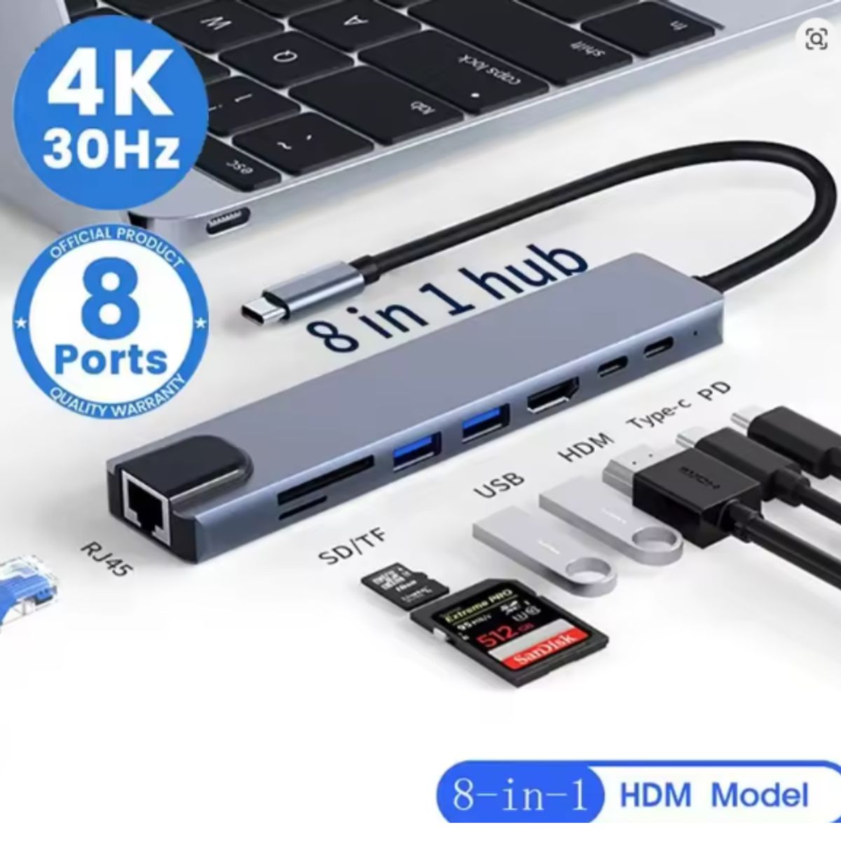 GENERICO - ADAPTADOR USB 8 EN 1 TIPO C 3 1 A 4K HDTV HUB CON LECTOR DE TARJETAS SD