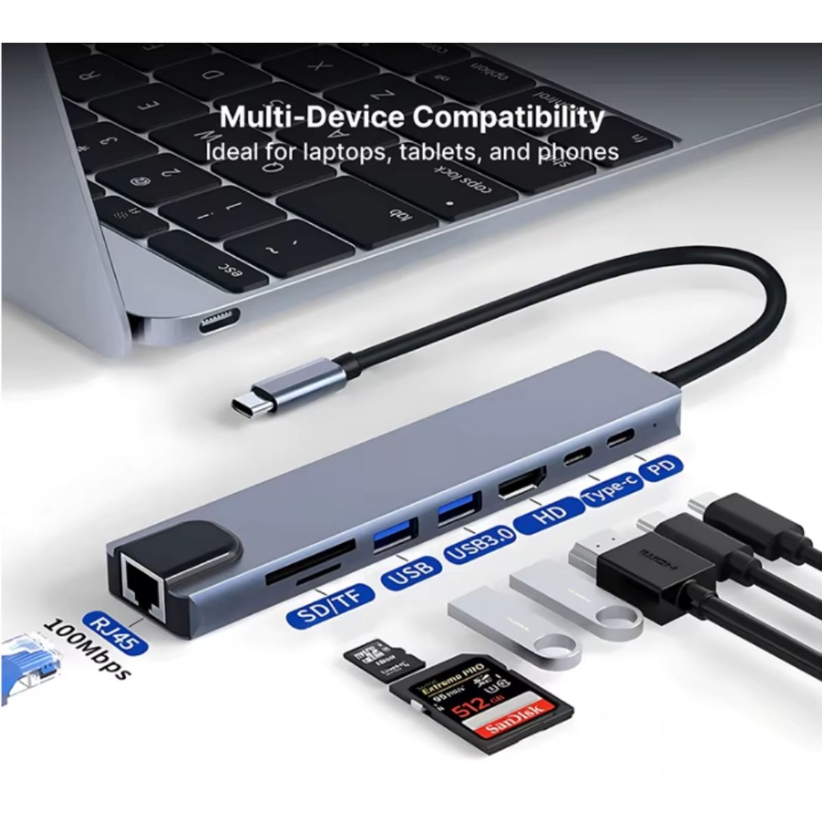 GENERICO - ADAPTADOR USB 8 EN 1 TIPO C 3 1 A 4K HDTV HUB CON LECTOR DE TARJETAS SD