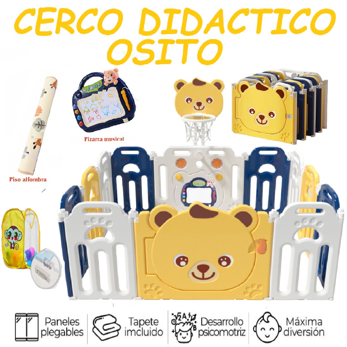 GENERICO - Cerco Desmontable Con Pizarra Musical Osito 140x160 -Amarillo
