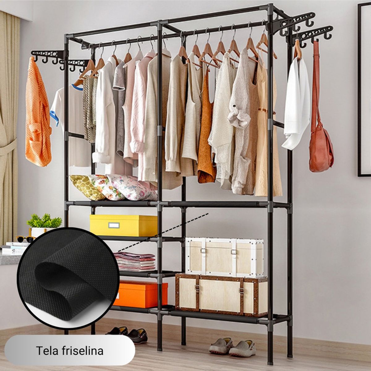 PENTHA - Ropero Armario Closet Perchero Organizador Ropa 2 Cuerpos Negro