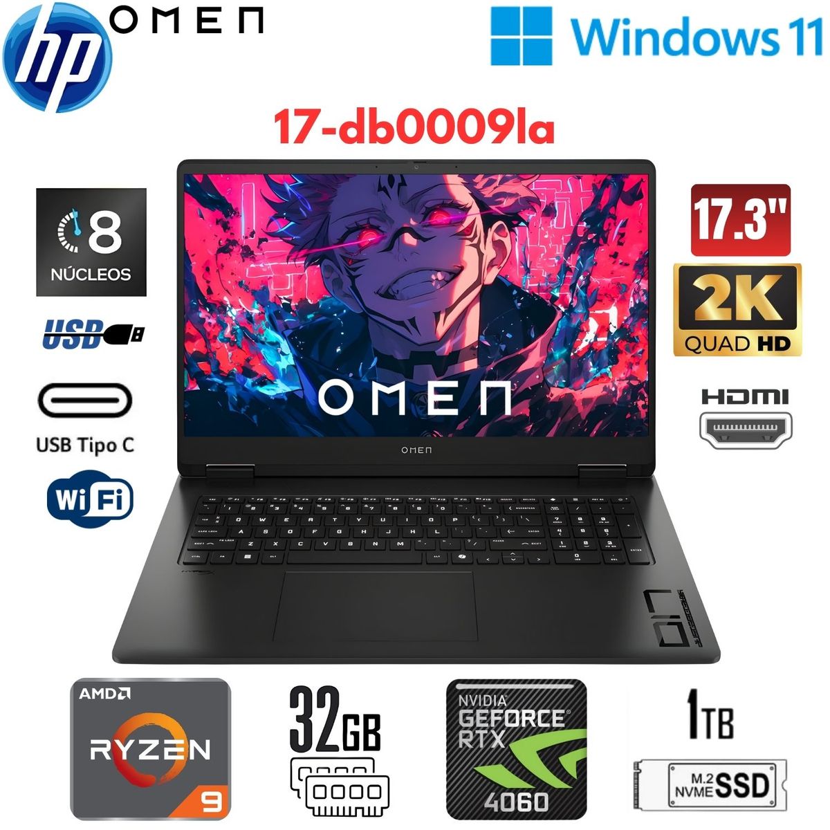 HP - Laptop HP OMEN 17-DB0009LA 17.3" QHD AMD Ryzen 9 8945HS 32GB 1TB SSD RTX 4060 con 8GB W11 Home